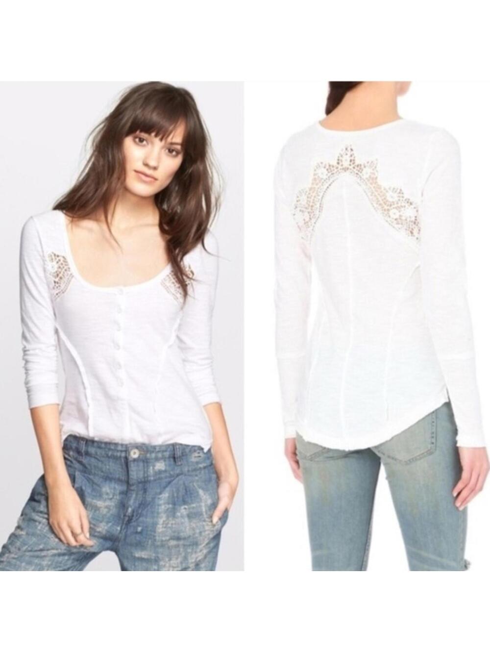 Free People White Crochet Lace Henley Boho Top Large Size large